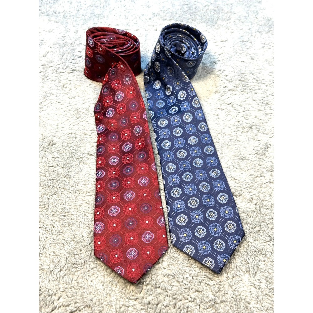 Bundle‎ of 2 Tasso Elba Medallion Silk Tie vintage necktie red blue long